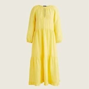 J. Crew 100% linen lemon yellow tiered midi dress
